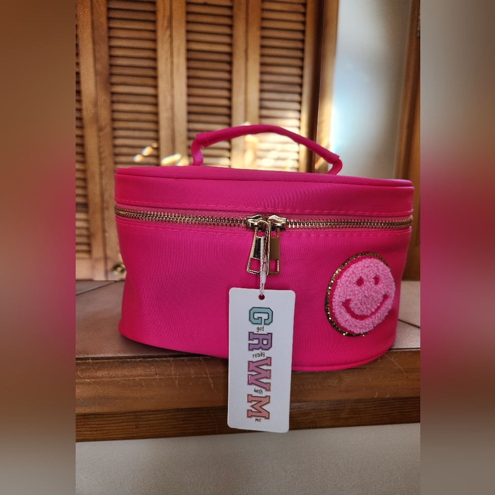 GRWM Pink Cosmetic Bag with Smiley Patch